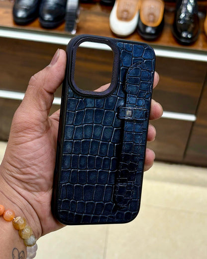 Midnight Blue Crocodile Leather Mobile Cover With Holding Finger