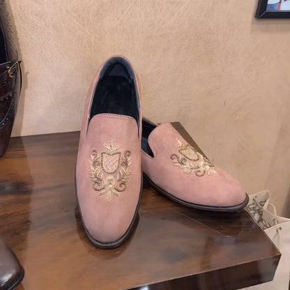 Baby Pink Suede Embroidered Wood Sole Slip-ons