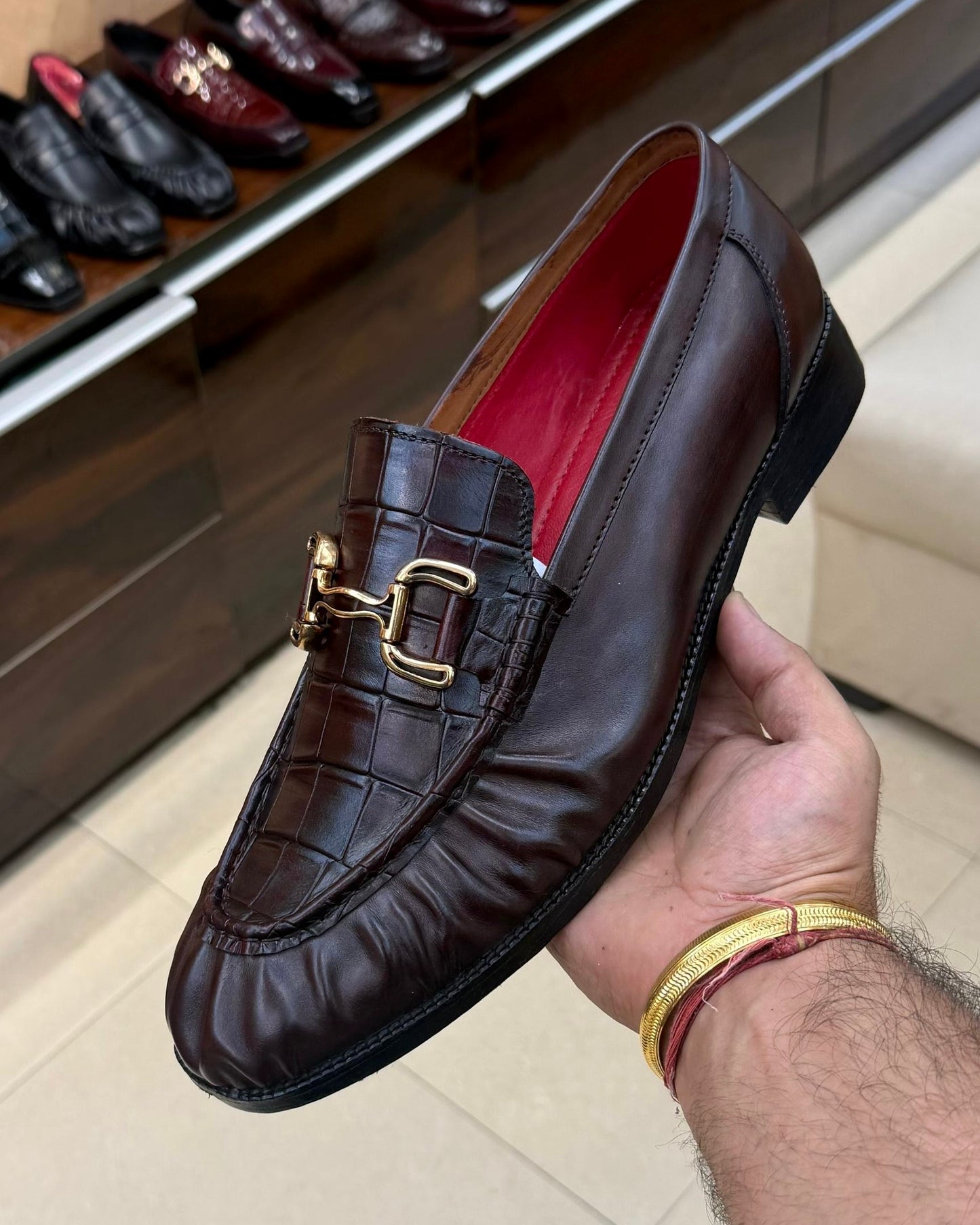 Dark Brown Spectator Croco Horsebit Loafers with Red Lining