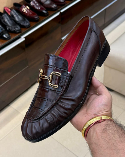 Dark Brown Spectator Croco Horsebit Loafers with Red Lining