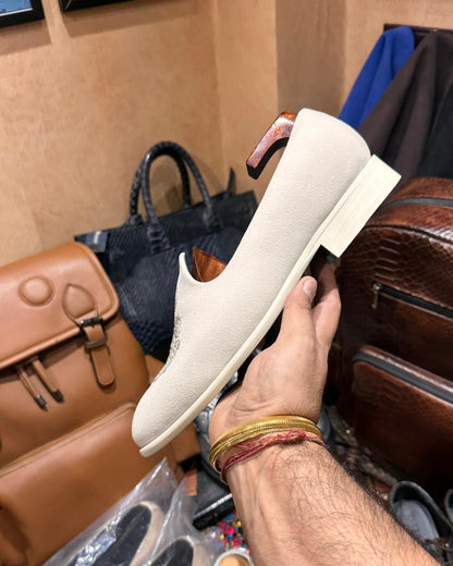 Light Cream Suede Mojaris with White Wood Sole