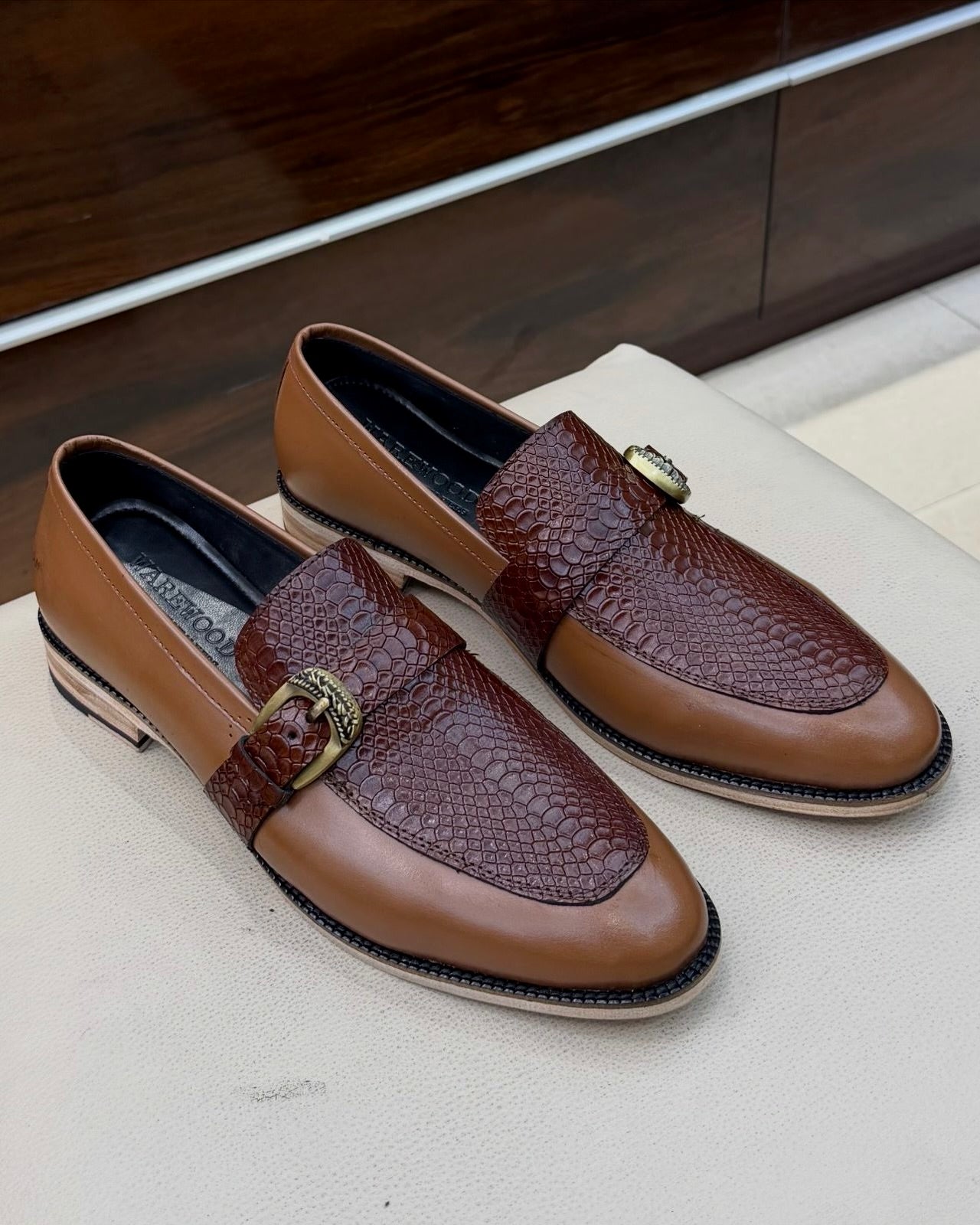 Brown Two-tone Cobra Scaled Single Monk Strap Loafers