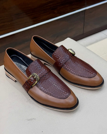 Brown Two-tone Cobra Scaled Single Monk Strap Loafers