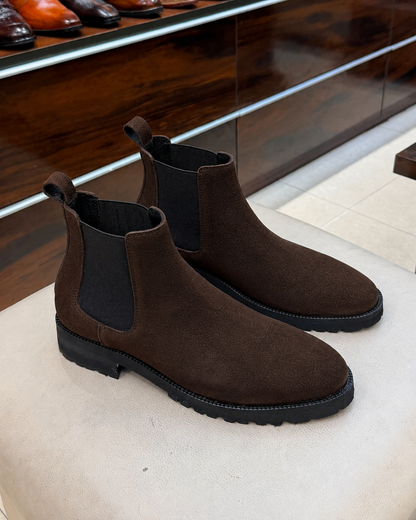 Chunky Dark Brown Suede Lug Sole Chelsea Boots