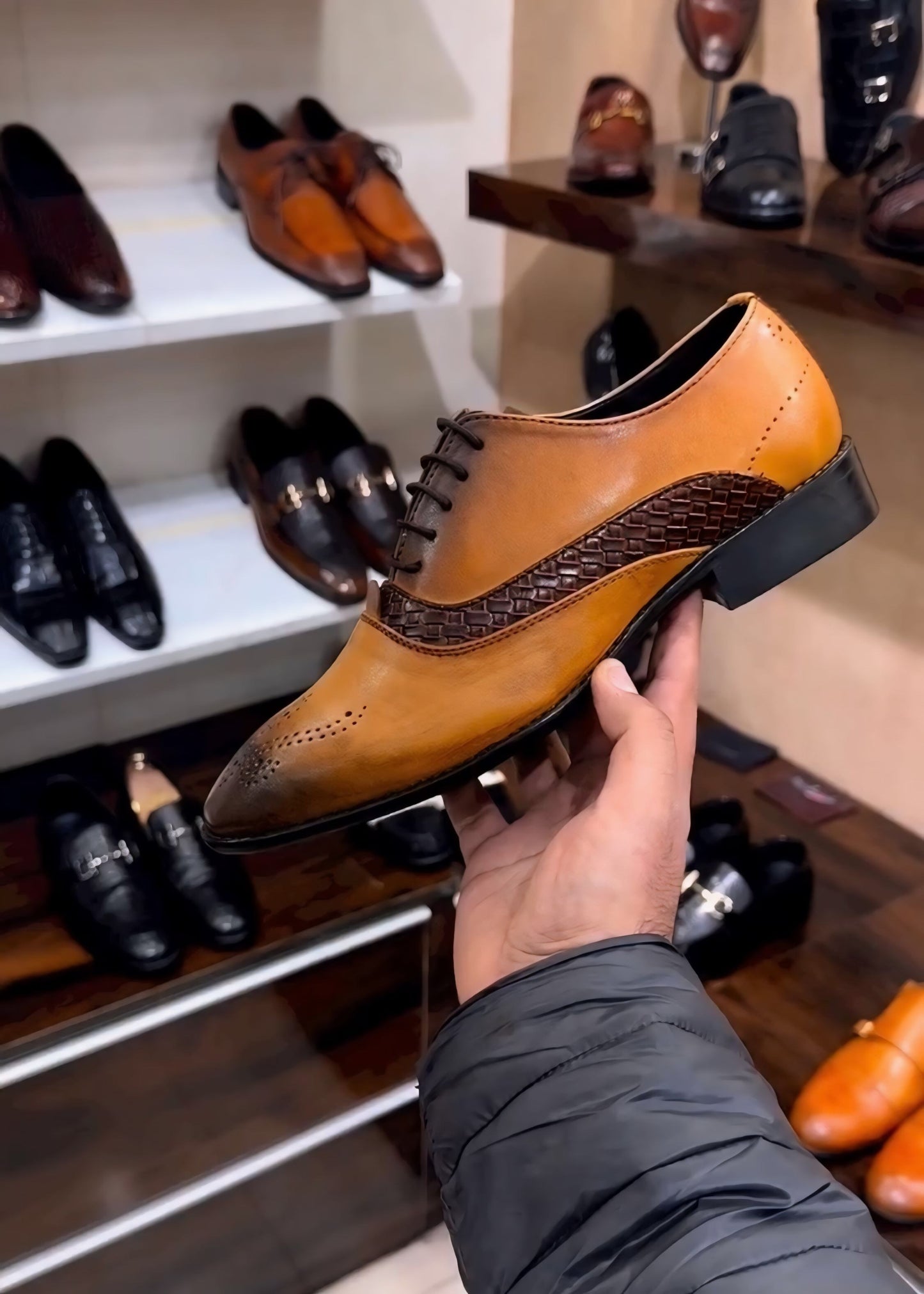 Tan Patina Brogue Braided Oxfords