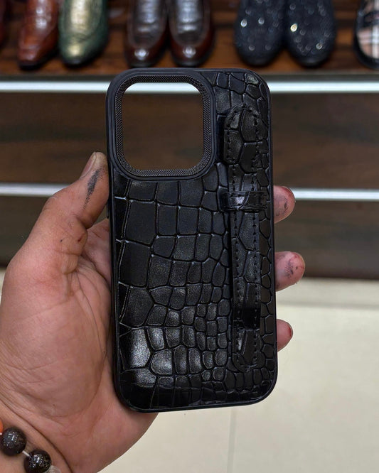 Black Crocodile Leather Mobile Cover With Holding Finger