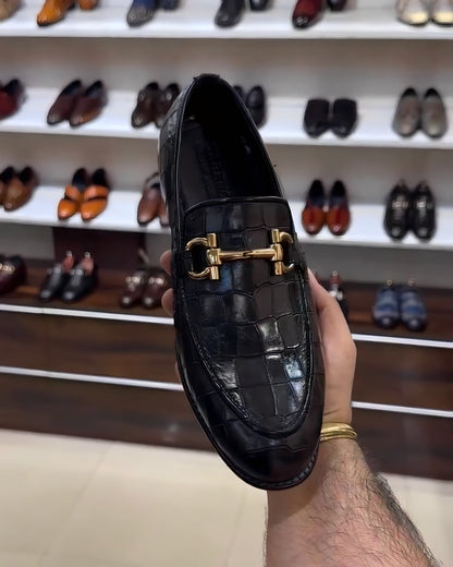 Smooth Black Crocodile Leather Loafers with Gold Buckle