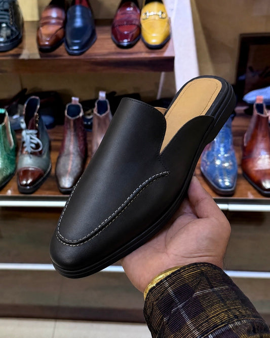 Plain Black Calfskin Leather Mules With Tan Footbed