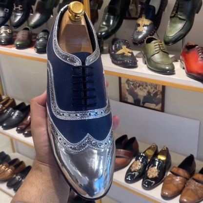 Silver Patent Semi-brogue Wingtip Spectator Oxfords with Rubber Sole