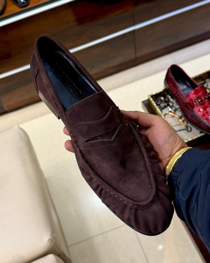 Brown Suede Hand-sewn Apron Penny Loafers