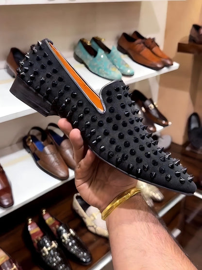 Black Studded Moccasins with Orange Interior and Red Bottoms