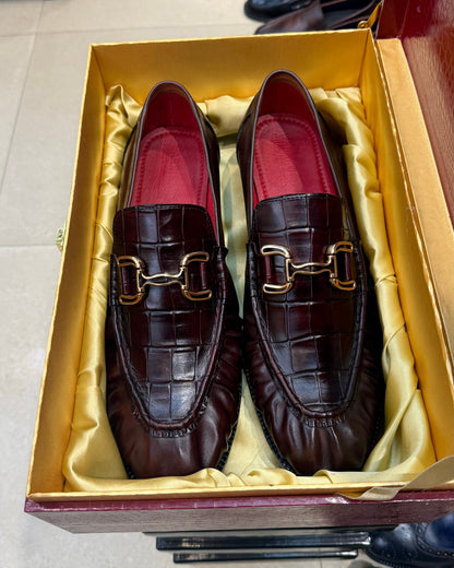 Dark Brown Spectator Croco Horsebit Loafers with Red Lining