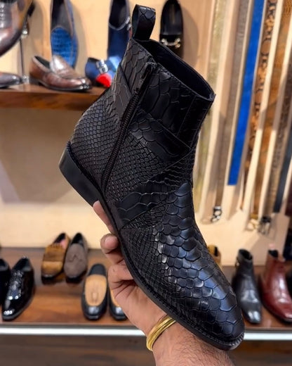 Black Cobra Scaled High-top Zipper Boots