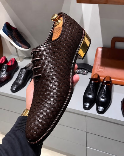 Brown Hand-Woven Leather Oxfords With Gold Heel