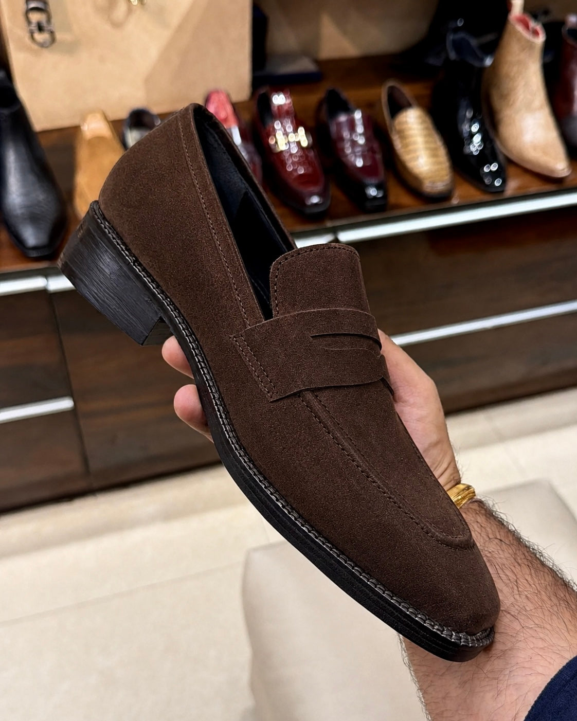 Dark Brown Suede Penny Loafers - Square Toe