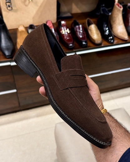 Dark Brown Suede Penny Loafers - Square Toe
