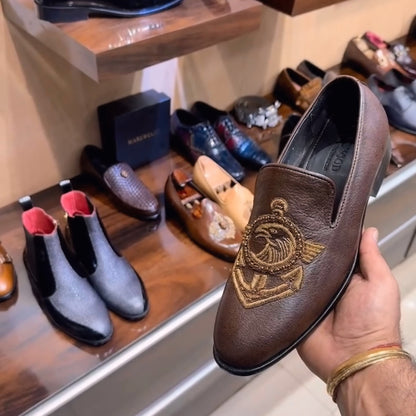 Brown Natural Grain Leather Embroidery Moccasins