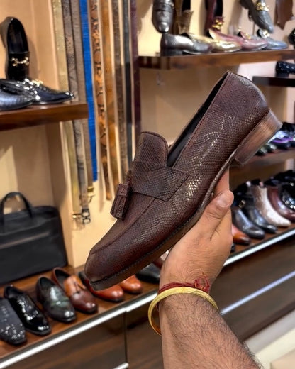 Brown Exotic Snake Scaled Tassel Moccasins