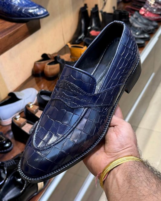 Navy Blue Crocodile Full Strap Penny Loafers