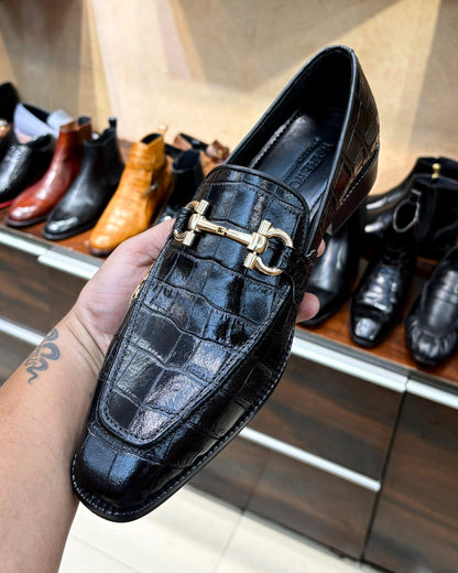 Black Italian Smooth Croco Gold Horsebit Loafers with “AK” Initials