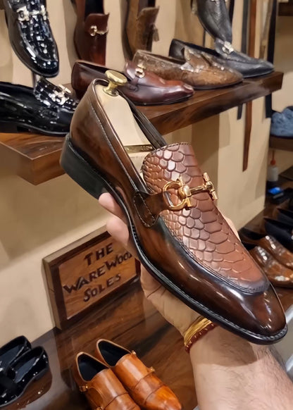 Dark Brown Wooden Finish Cobra Scaled Moccasins