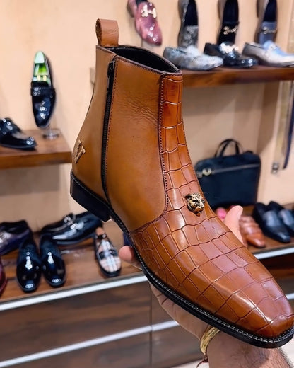 Sun Tan Patina Croco Zip Boots