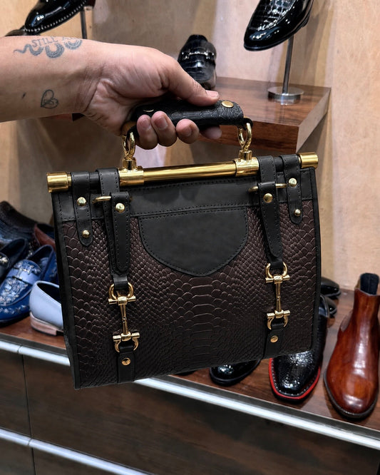 Dark Brown And Black Handbag with Gold Pipe