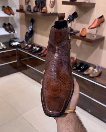 Burnished Cobra Scaled High-heel Chelsea Boots