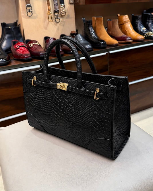 Black Cobra Scaled Top Handle Handbag