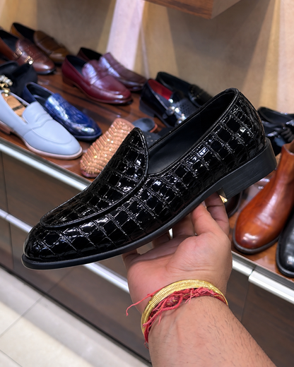 Black Patent Croco Belgian Loafers