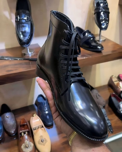 Black Derby Dress Boots in Smooth Calf Leather