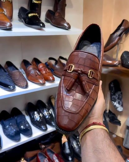 Dark Tan Crocodile Scaled Tassel Loafers