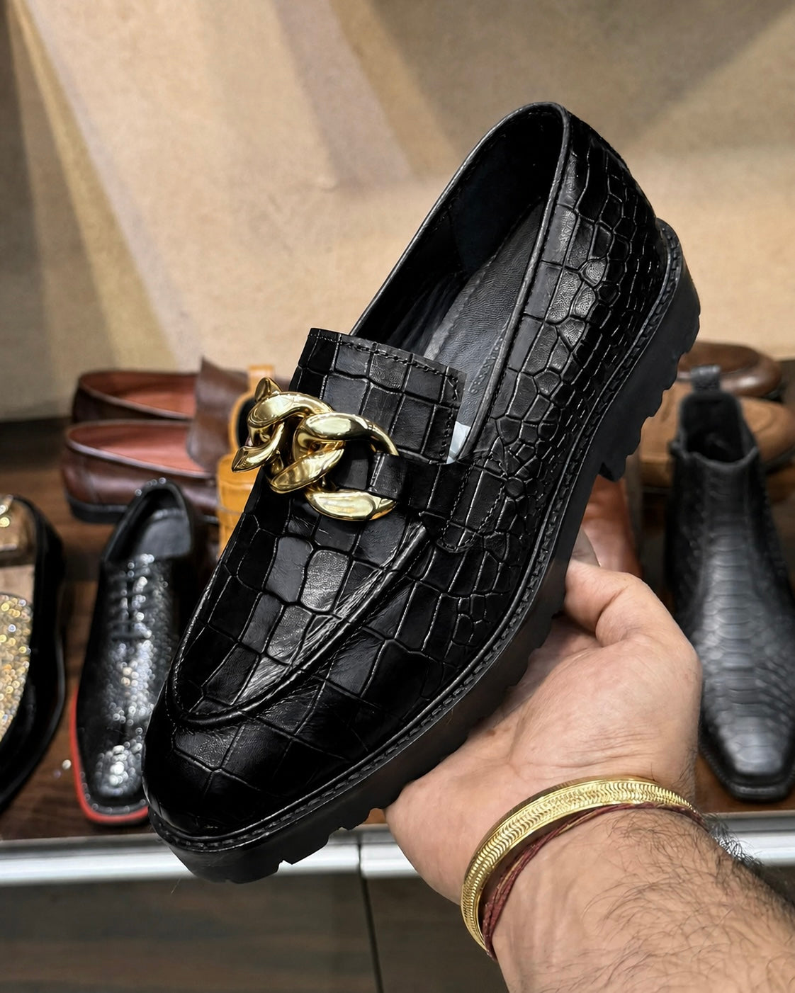 Black Crocodile Chunky Loafers With Gold Chain