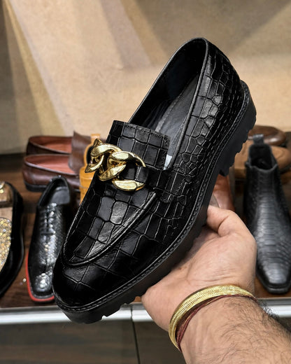 Black Crocodile Chunky Loafers With Gold Chain