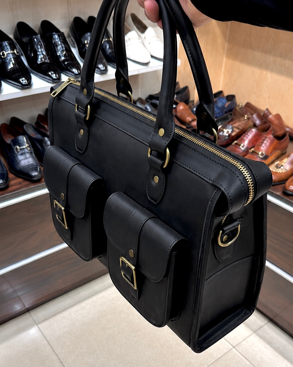 Black Calfskin Leather Business Laptop Bag