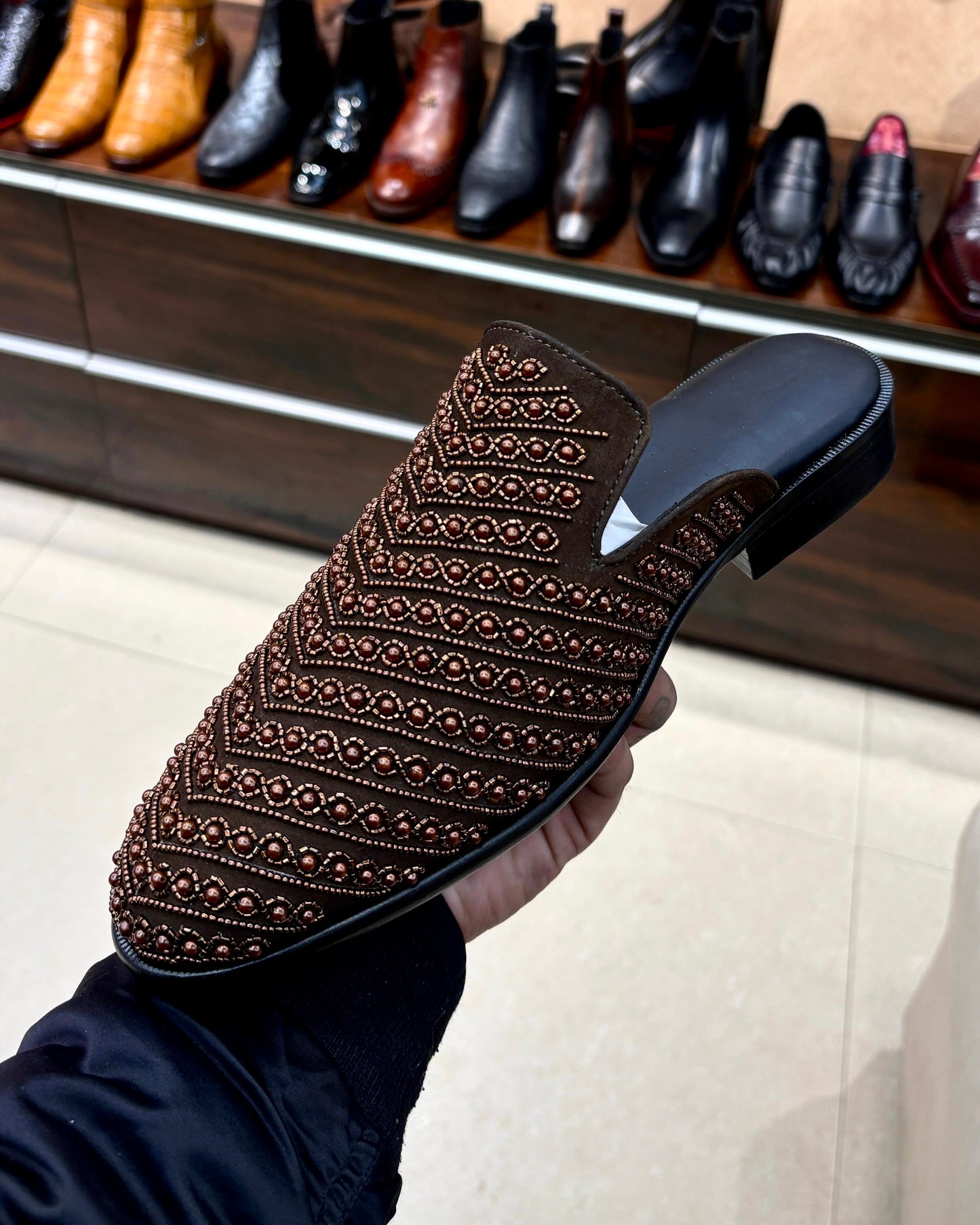 Brown Suede Hand-embroidered Mules with Leather Footbed