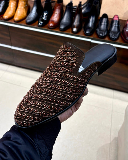 Brown Suede Hand-embroidered Mules with Leather Footbed