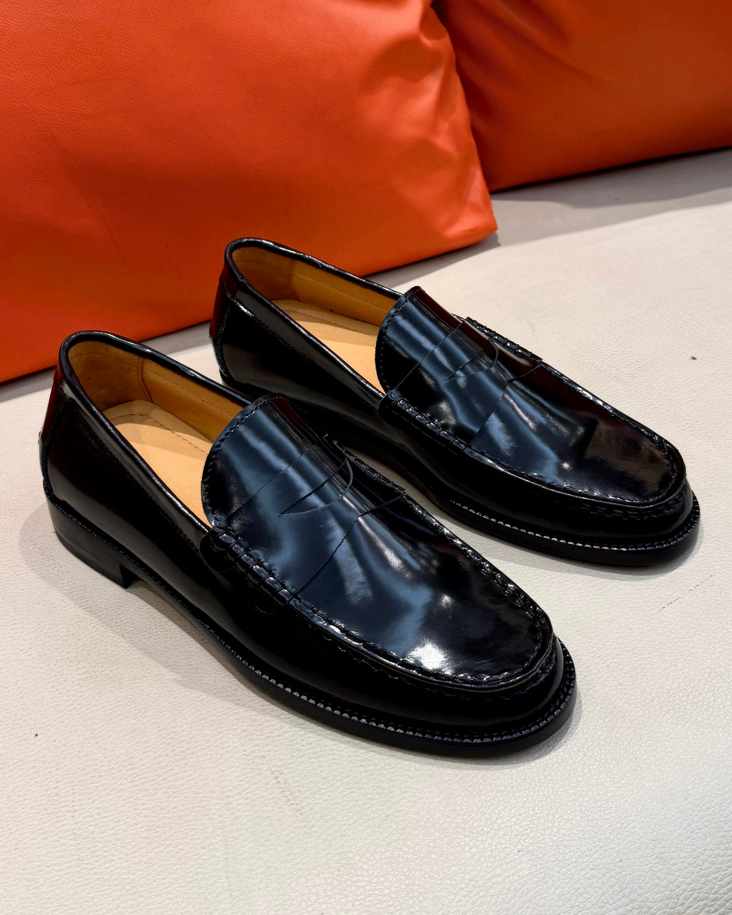 Black Smooth Calf Leather Penny Moccasins with Beige Lining