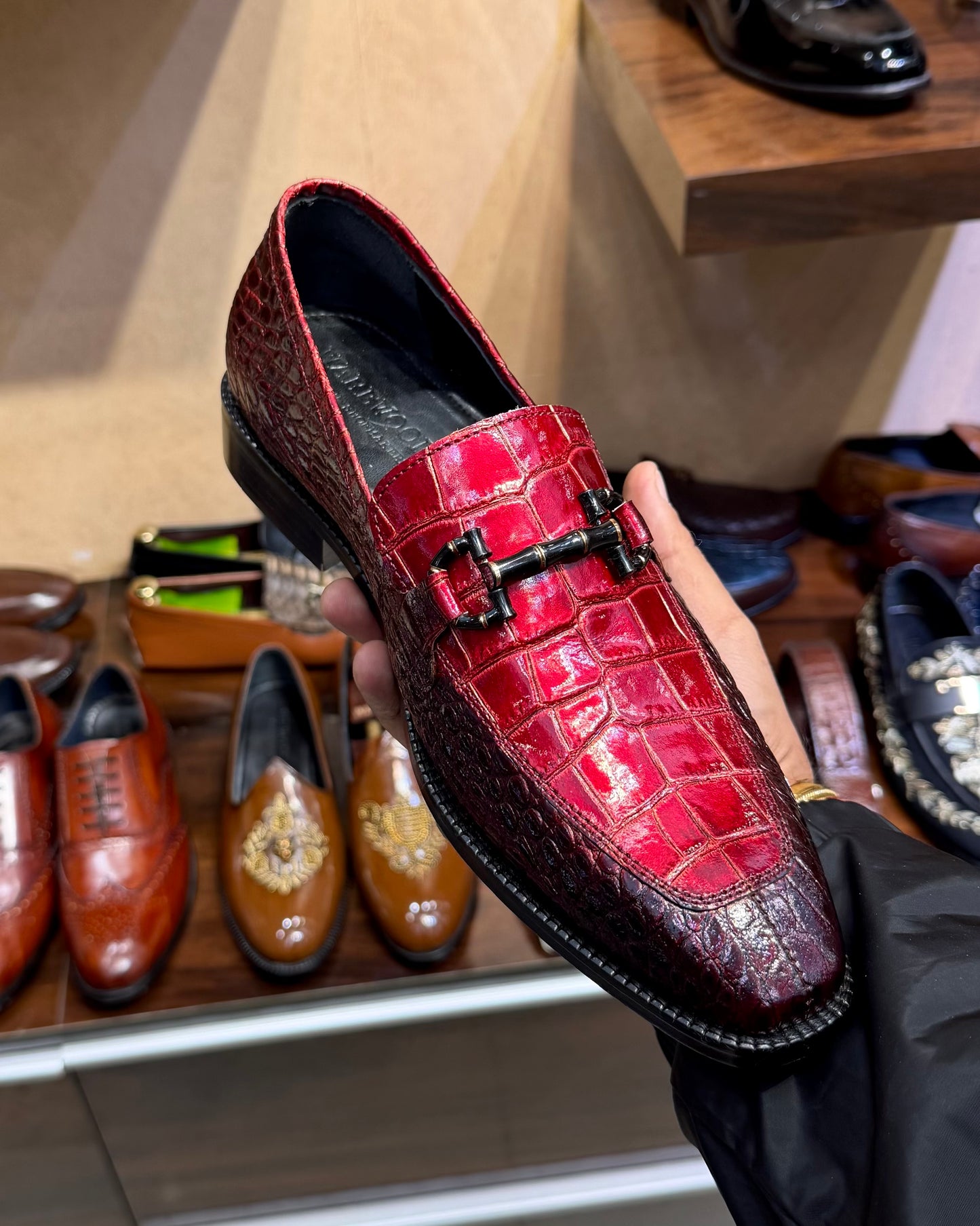 Burgundy & Red Patent Crocodile Horsebit Loafers