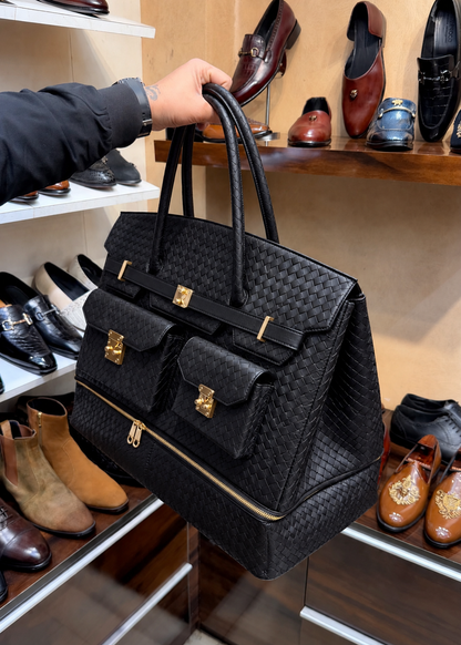 Black Hand-Woven Leather Travel Bag with Bottom Shoe Compartment