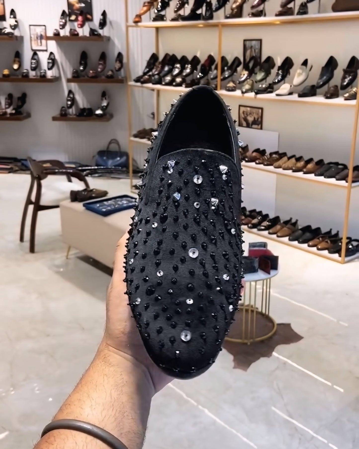 Black Velvet Studded Slip-ons