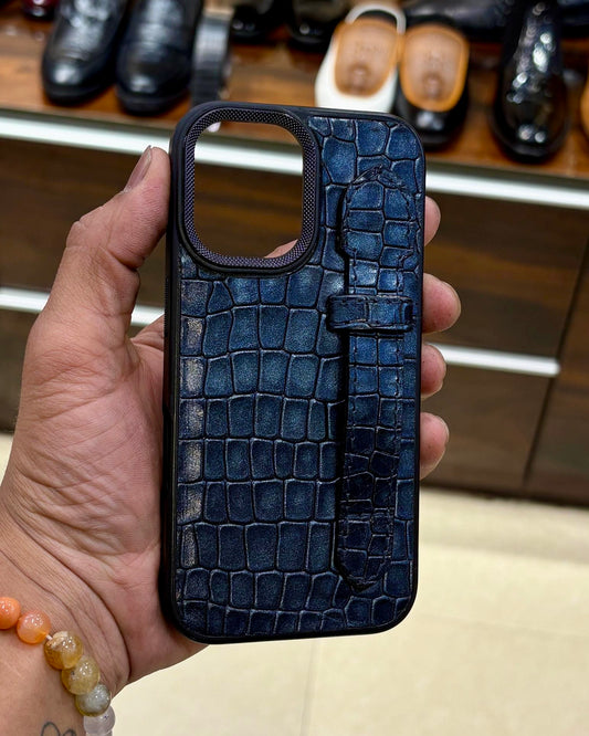 Midnight Blue Crocodile Leather Mobile Cover With Holding Finger
