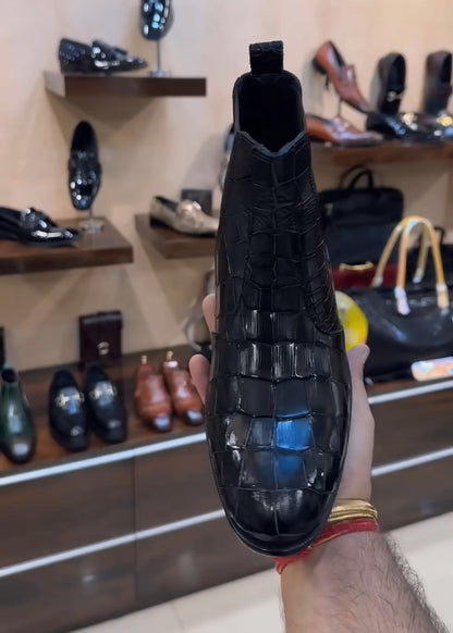 Mirror Gloss Black Crocodile Scaled Chelsea Boots