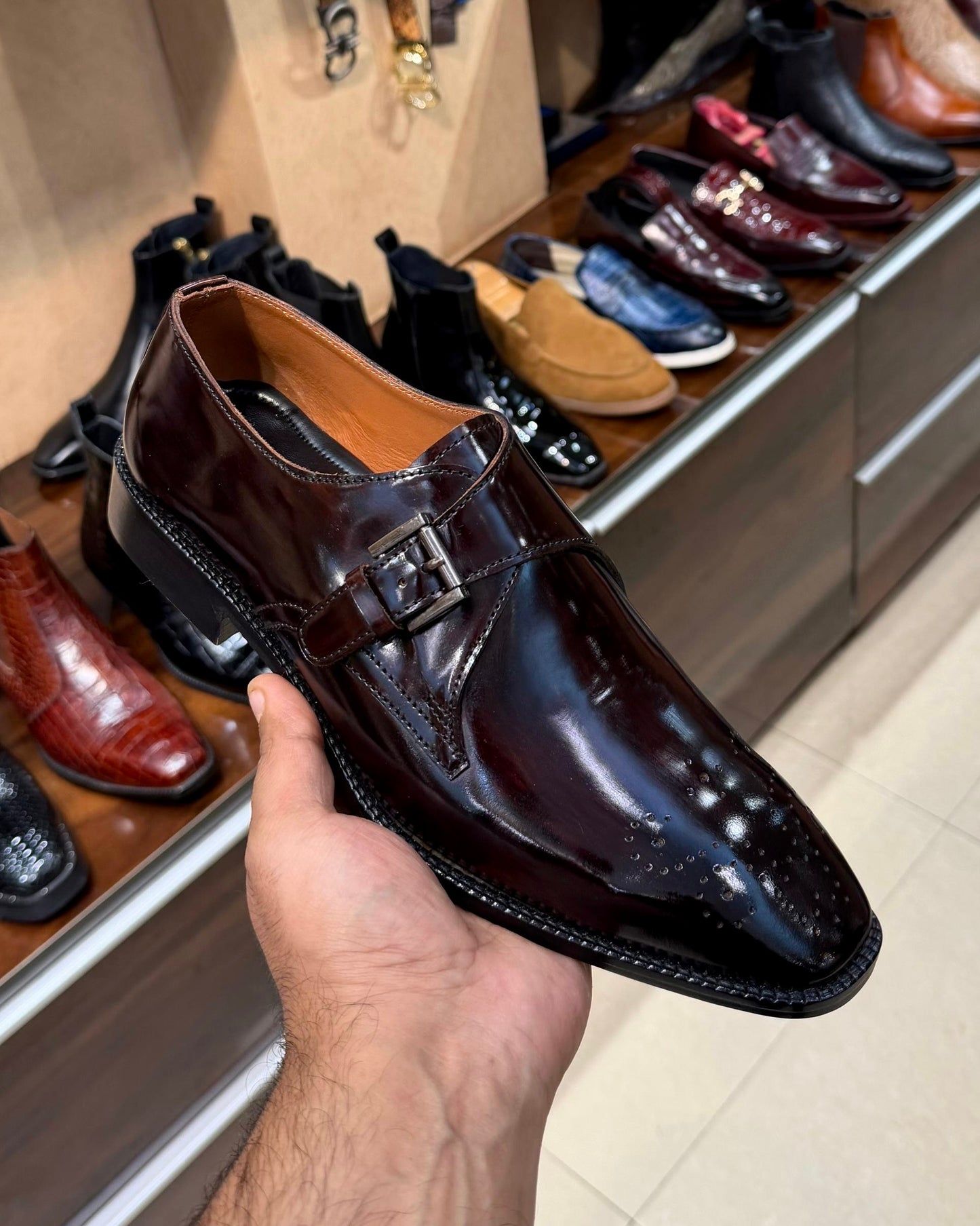 Burgundy Smooth Calf Leather Single Monk Strap Shoes