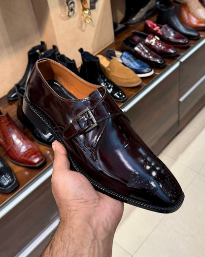 Burgundy Smooth Calf Leather Single Monk Strap Shoes
