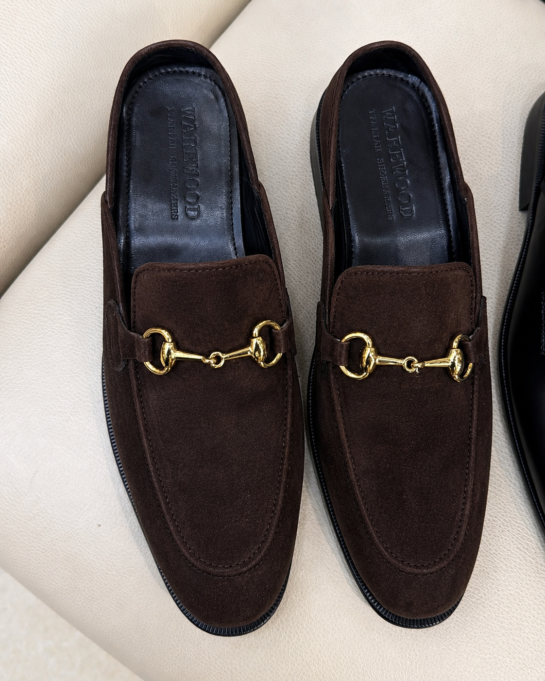 Dark Brown Suede Gold Horsebit Mules