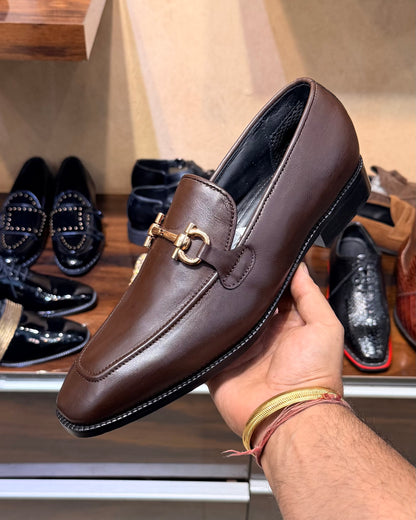 Brown Square Toe Horsebit Loafers in Calfskin Leather