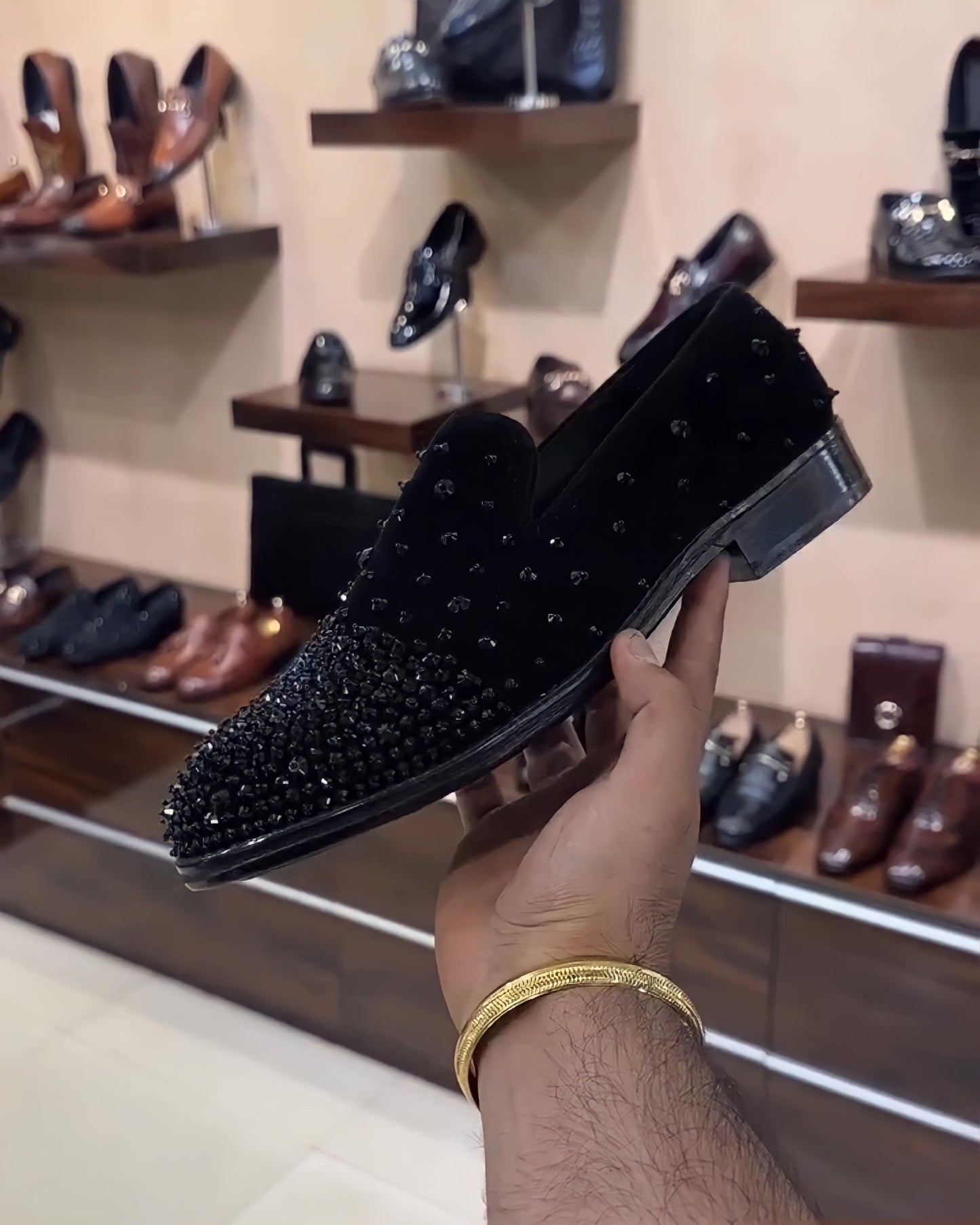 Black Suede Diamond Studded Moccasins