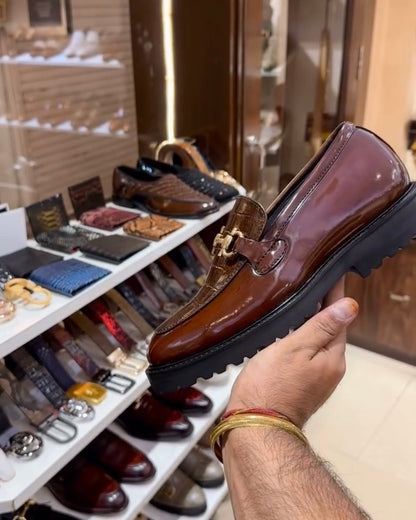 Walnut Brown Crocodile Scaled Boot Sole Moccasins