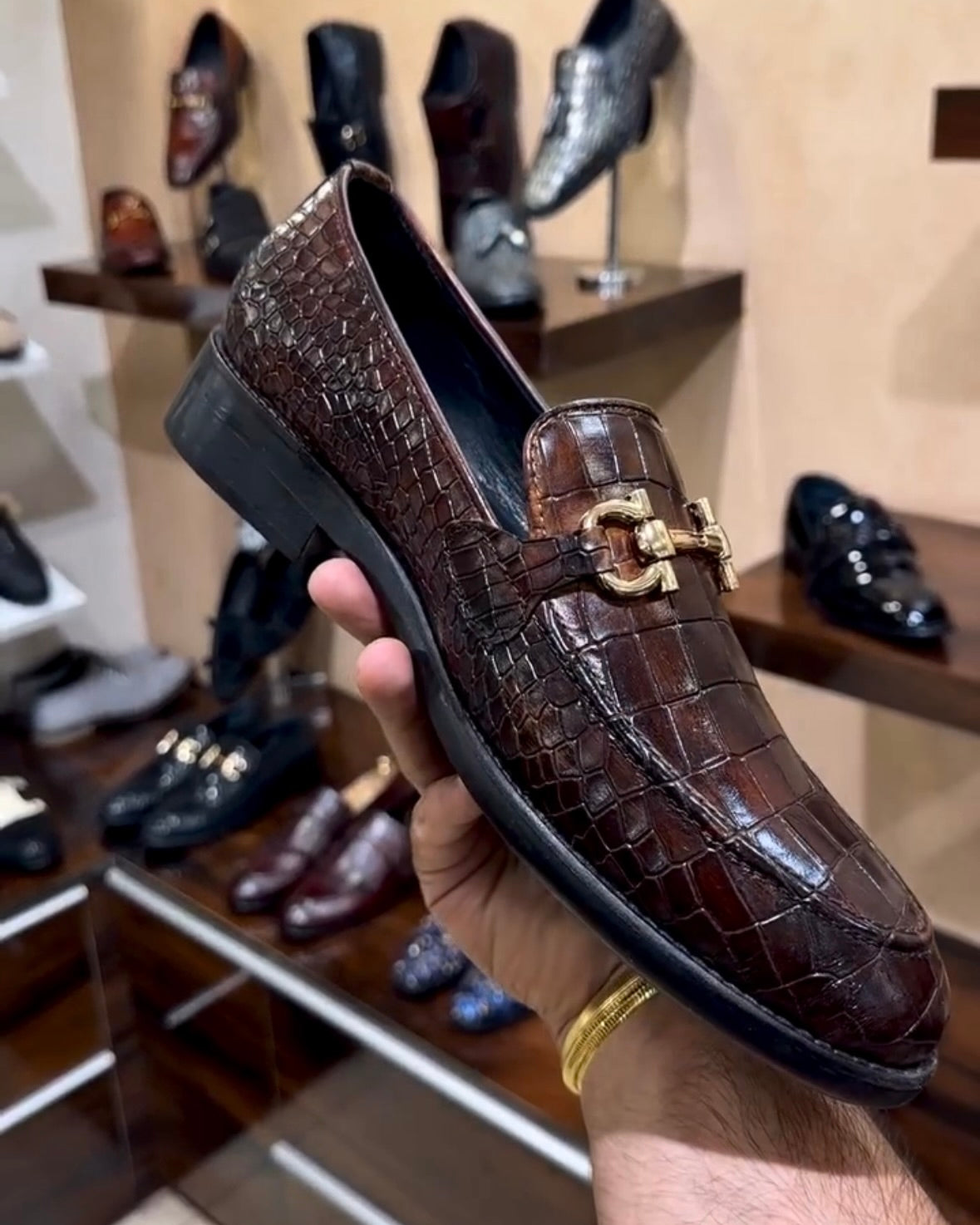 Burnished Brown Croco Horsebit Loafers